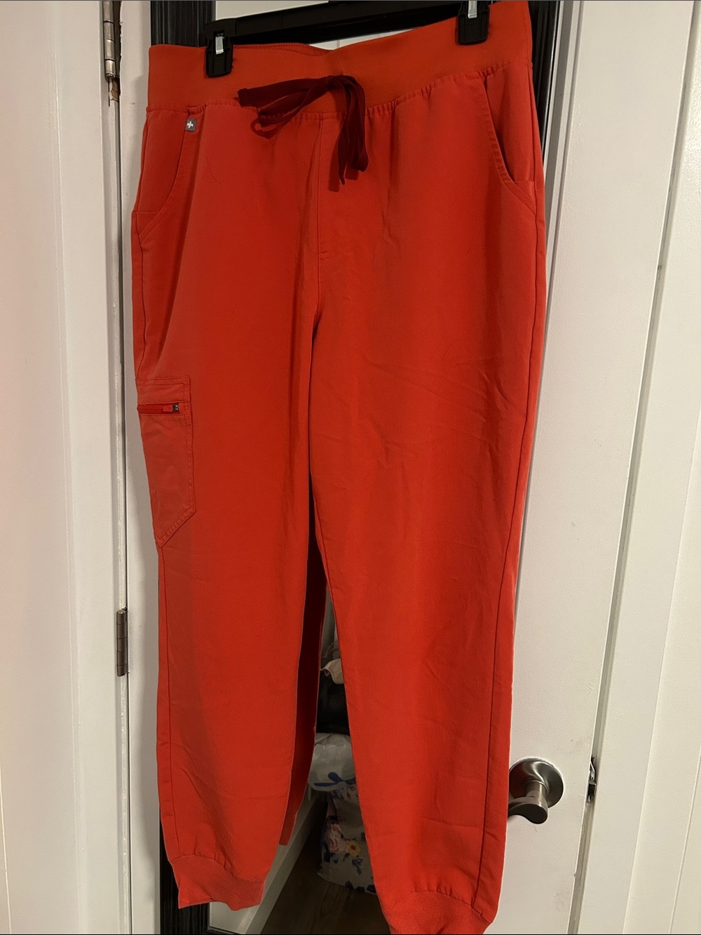 Figs Zamora high waisted joggers in coral Color with burgundy drawstrings